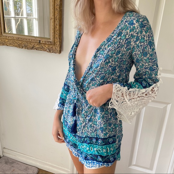 Turquoise and Blue Romper with Lace Details Small - Picture 8 of 11
